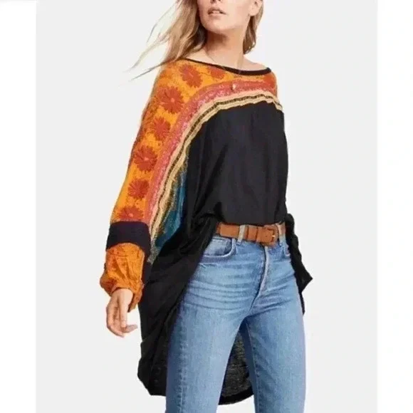 Free People Black Tunic with Mustard & Rust Floral Sleeves - Picture 2 of 6